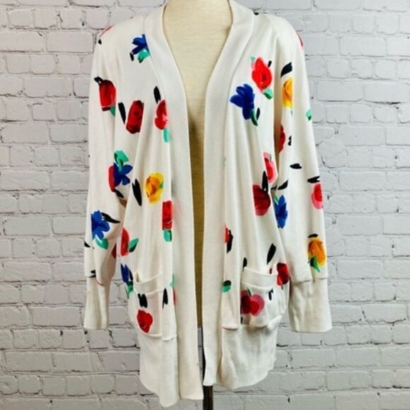 VTG 80s Peter Popovich Floral Print Varsity Cotton Blend Cardigan Sweater - Picture 2 of 13